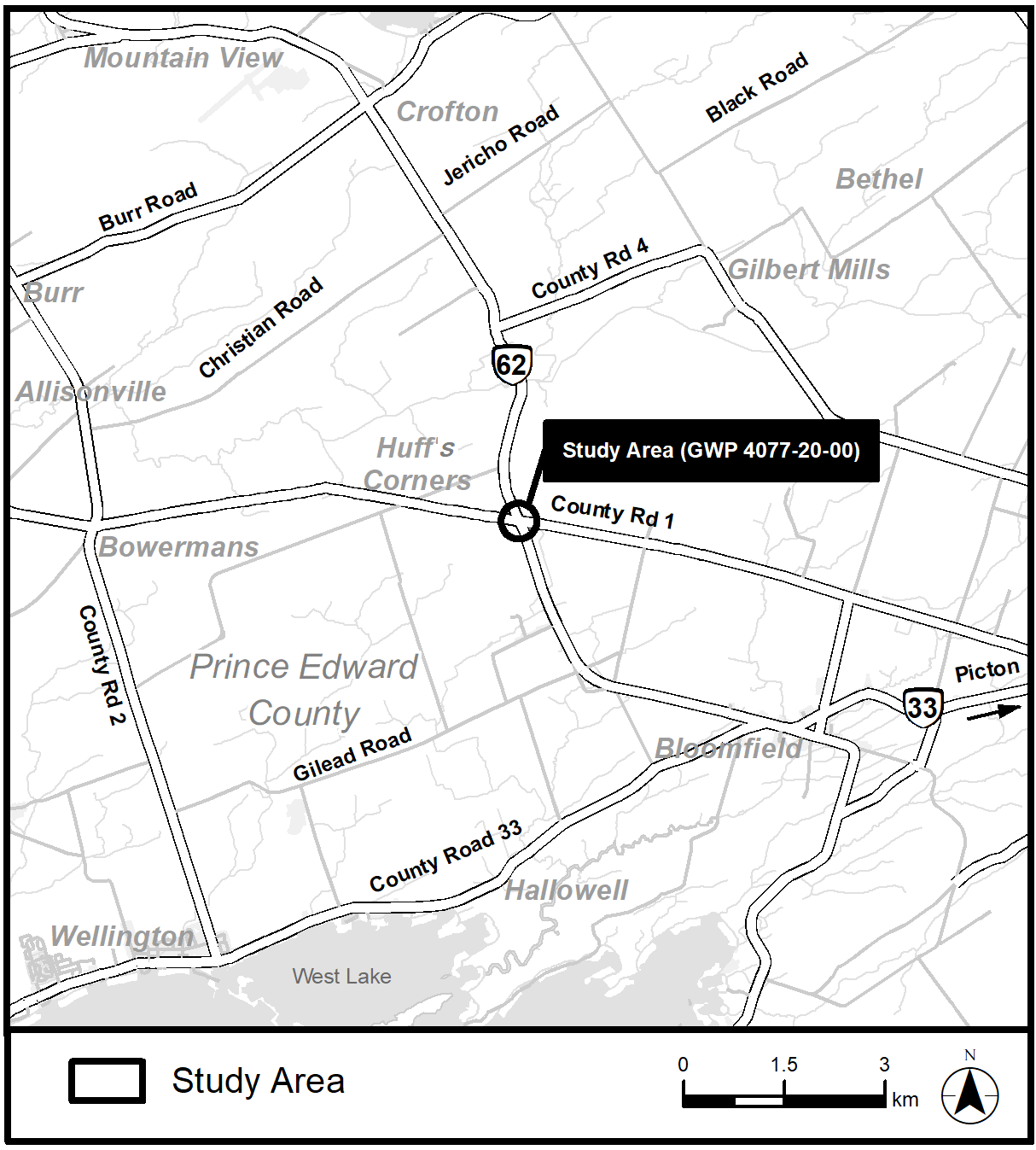 Map of the study area at the intersection of Highway 62 and County Road 1